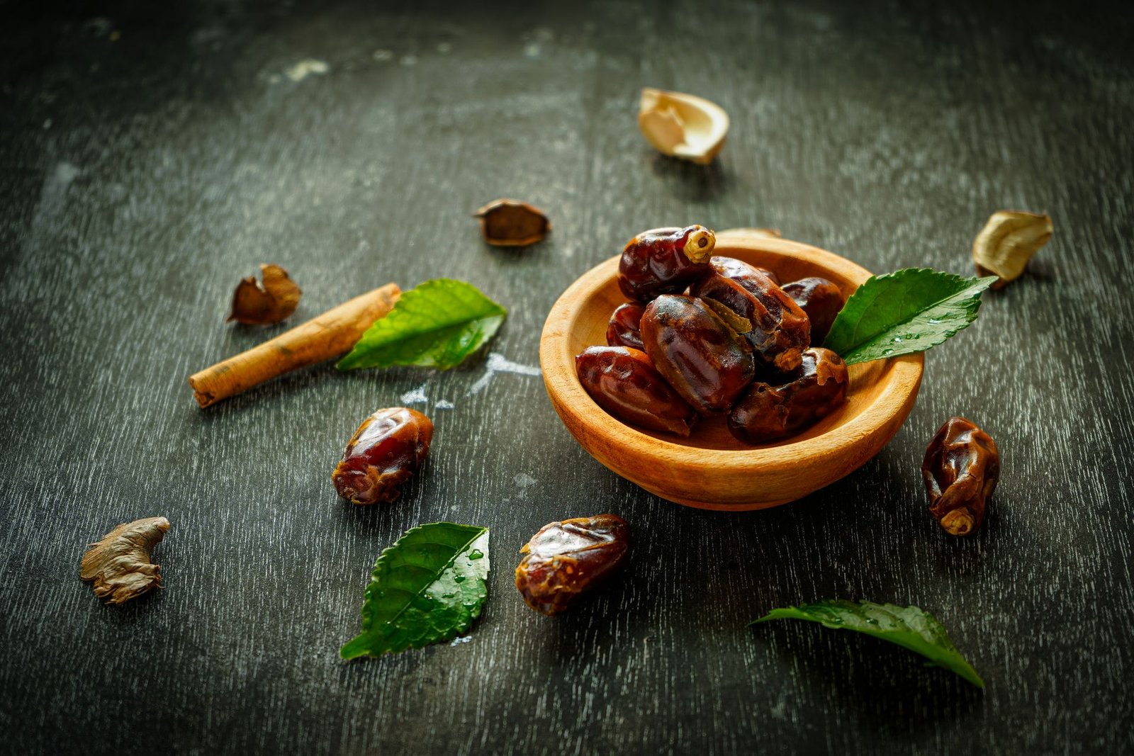 Premium dates presented in a bowl on a dark surface