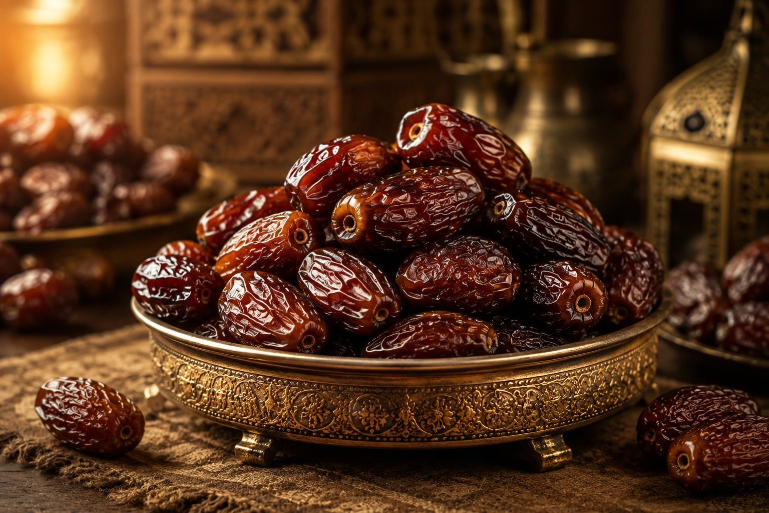 Premium dates piled in an ornate golden bowl with a lantern in the background