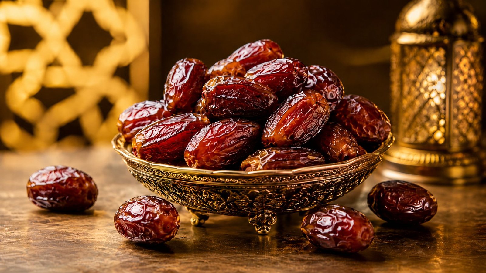 Premium dates in an ornate golden bowl beside a traditional lantern