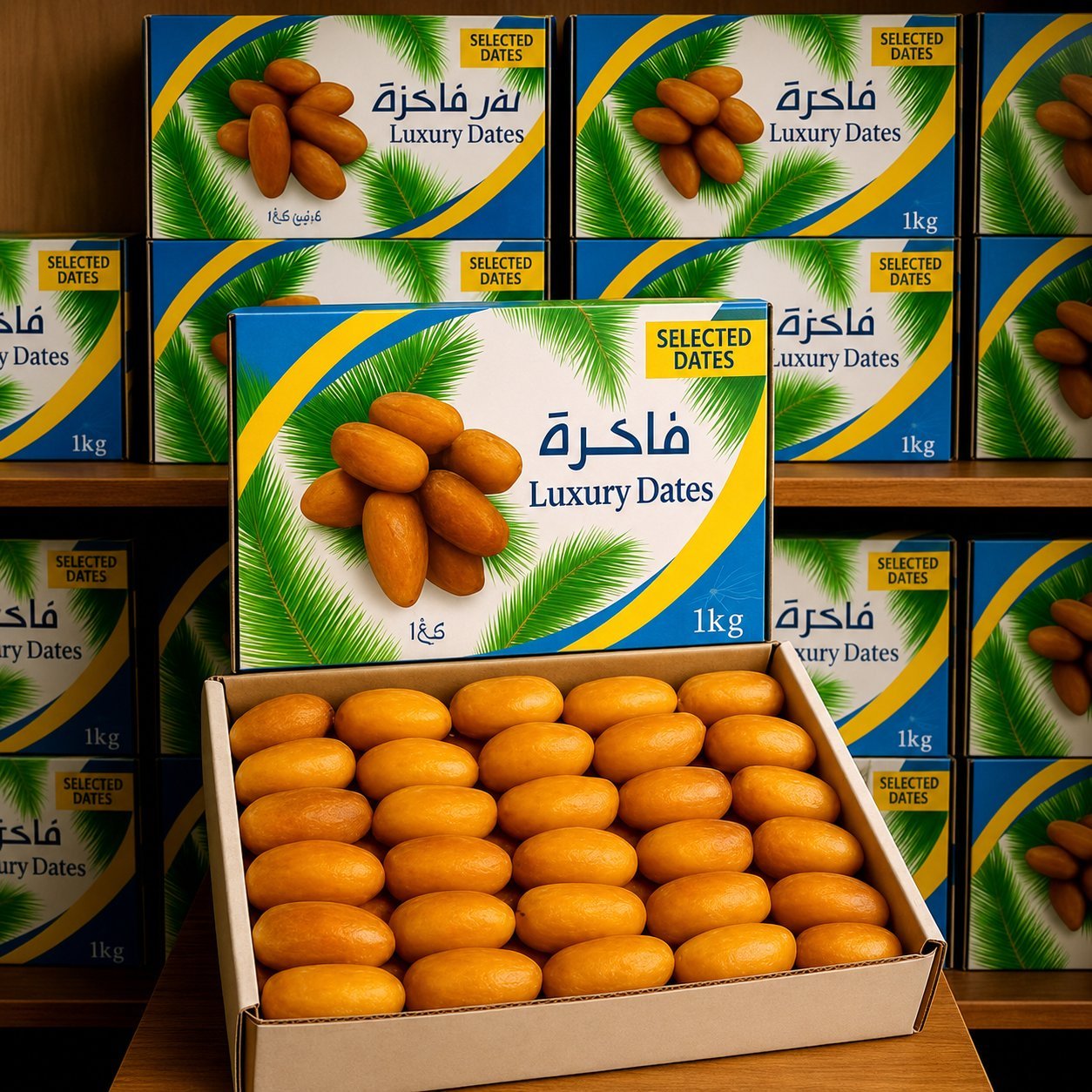 Luxury Dates brand 1kg boxes of golden Ruthob dates with an open tray