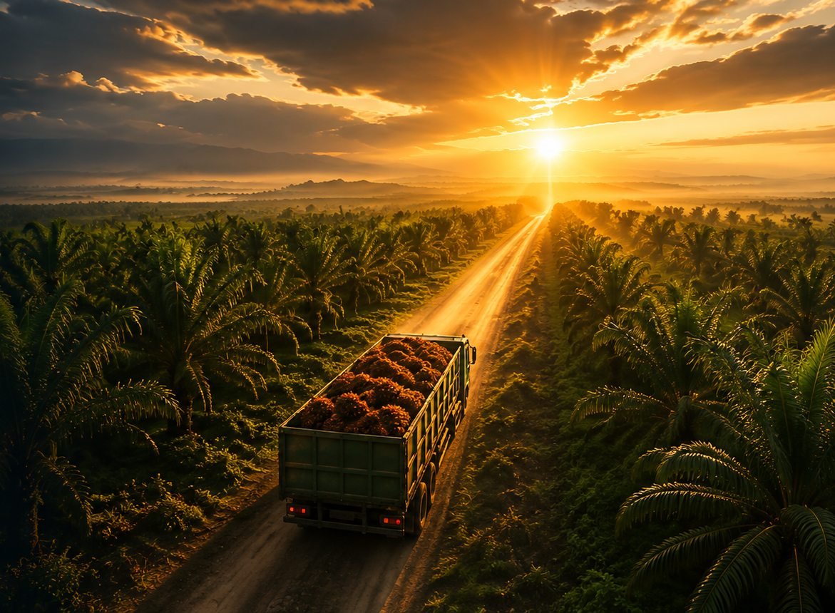 Truck loaded with palm fruit driving through a plantation at sunset