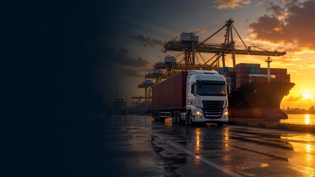 Container truck at a port beneath cranes at sunset