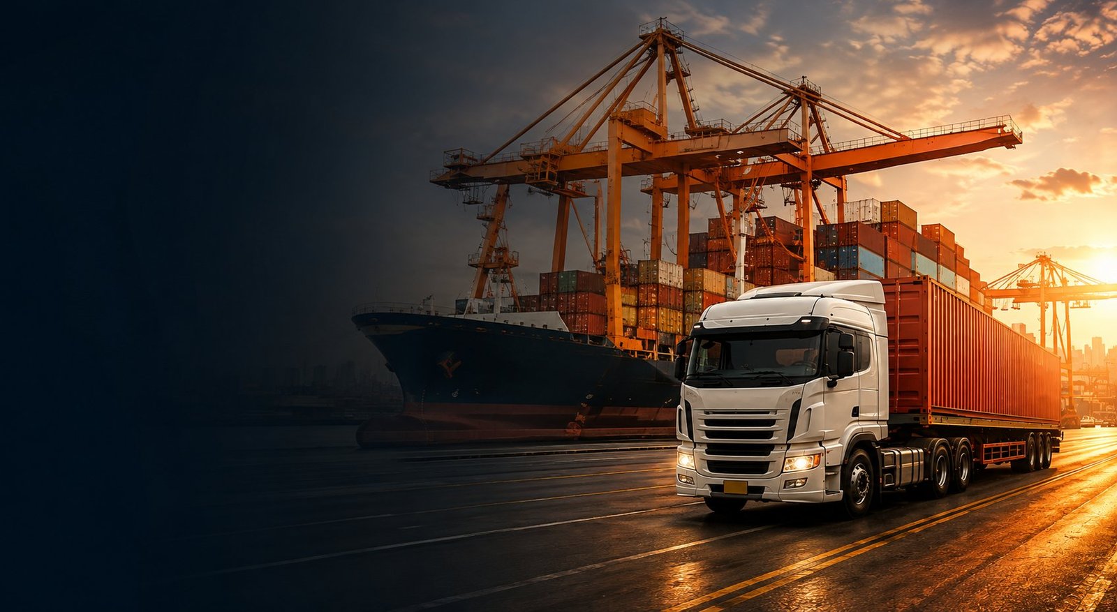 Container truck hauling cargo at the port