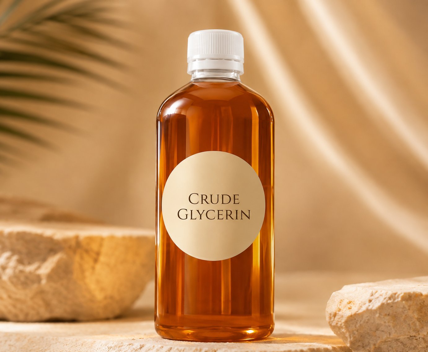 An amber bottle of crude glycerin on a warm neutral background