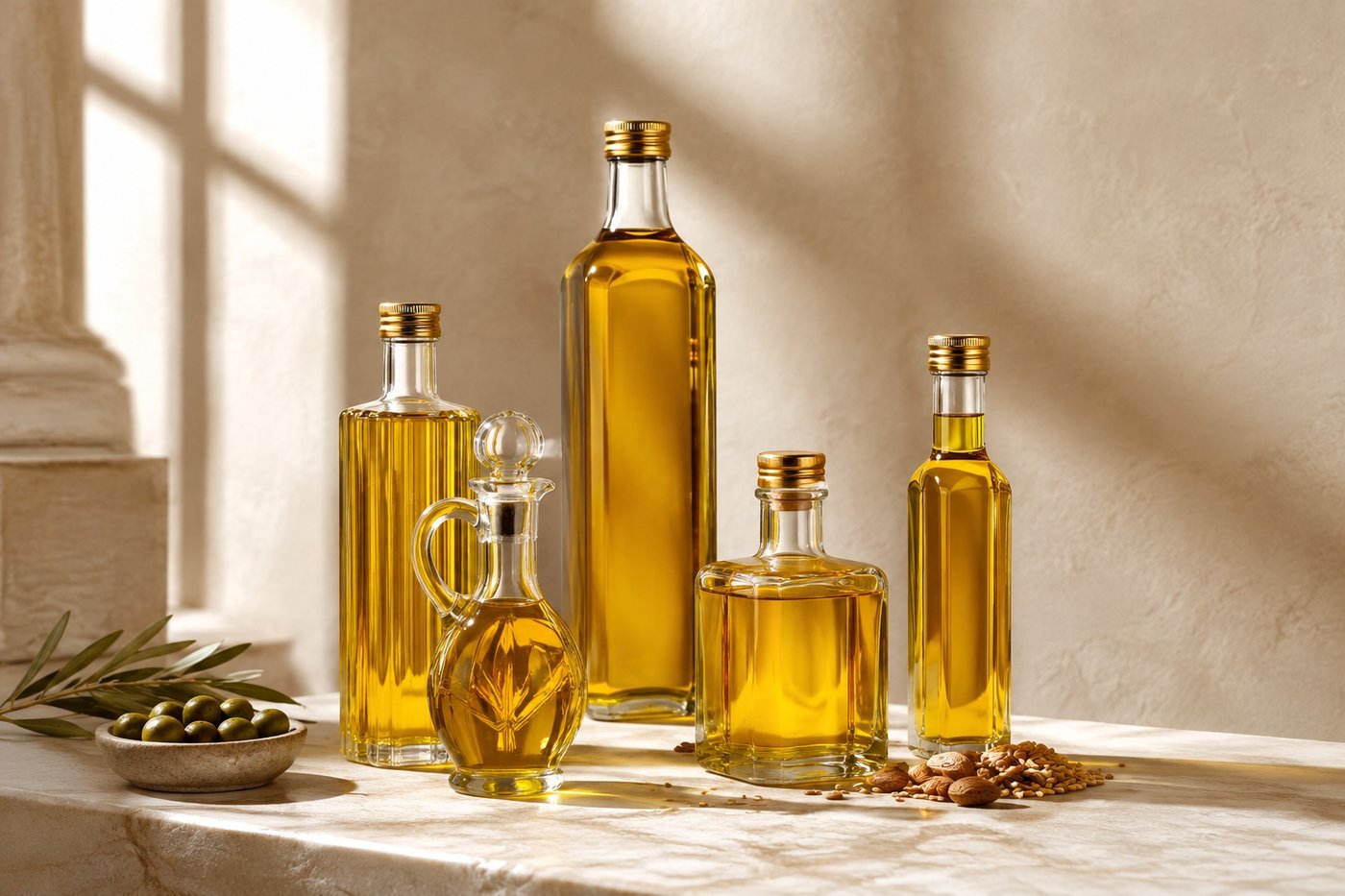 A set of golden cooking oil bottles on a bright marble surface