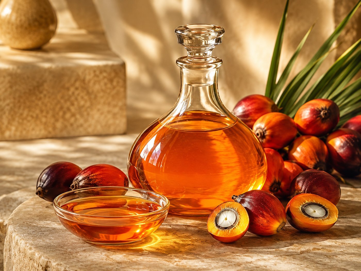 A decanter of orange crude palm oil beside fresh red palm fruit