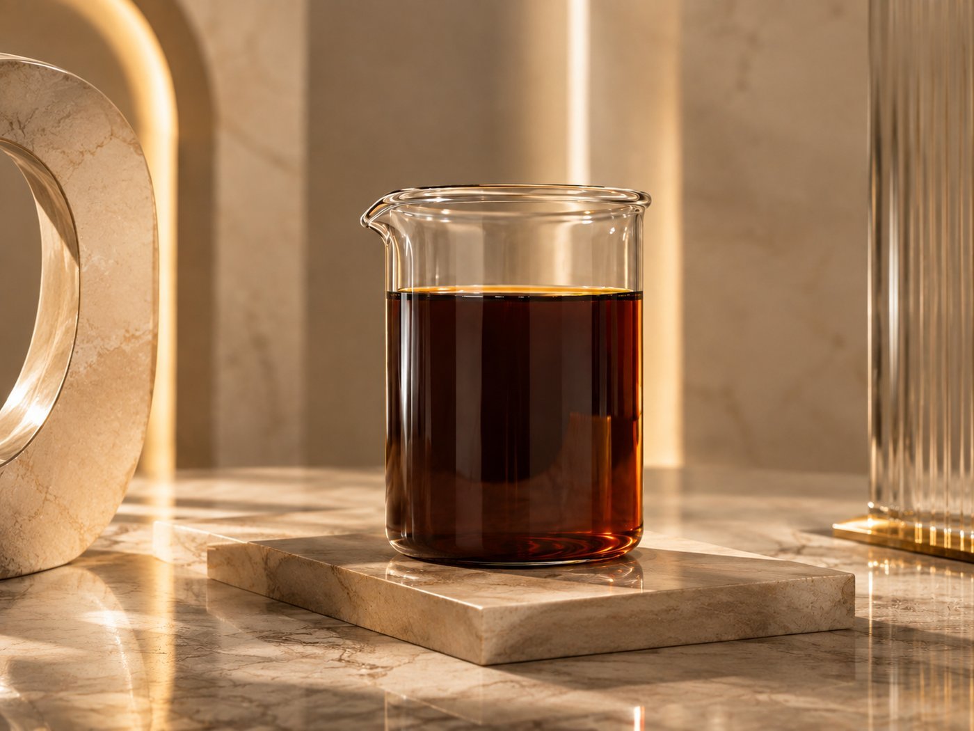 A beaker of dark amber palm fatty matter on a marble plinth