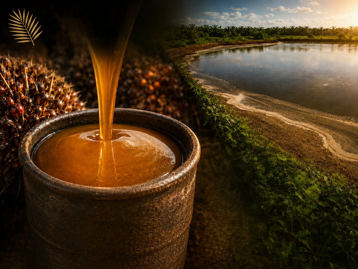 Golden palm acid oil pouring into a drum beside fresh palm fruit and a mill effluent pond