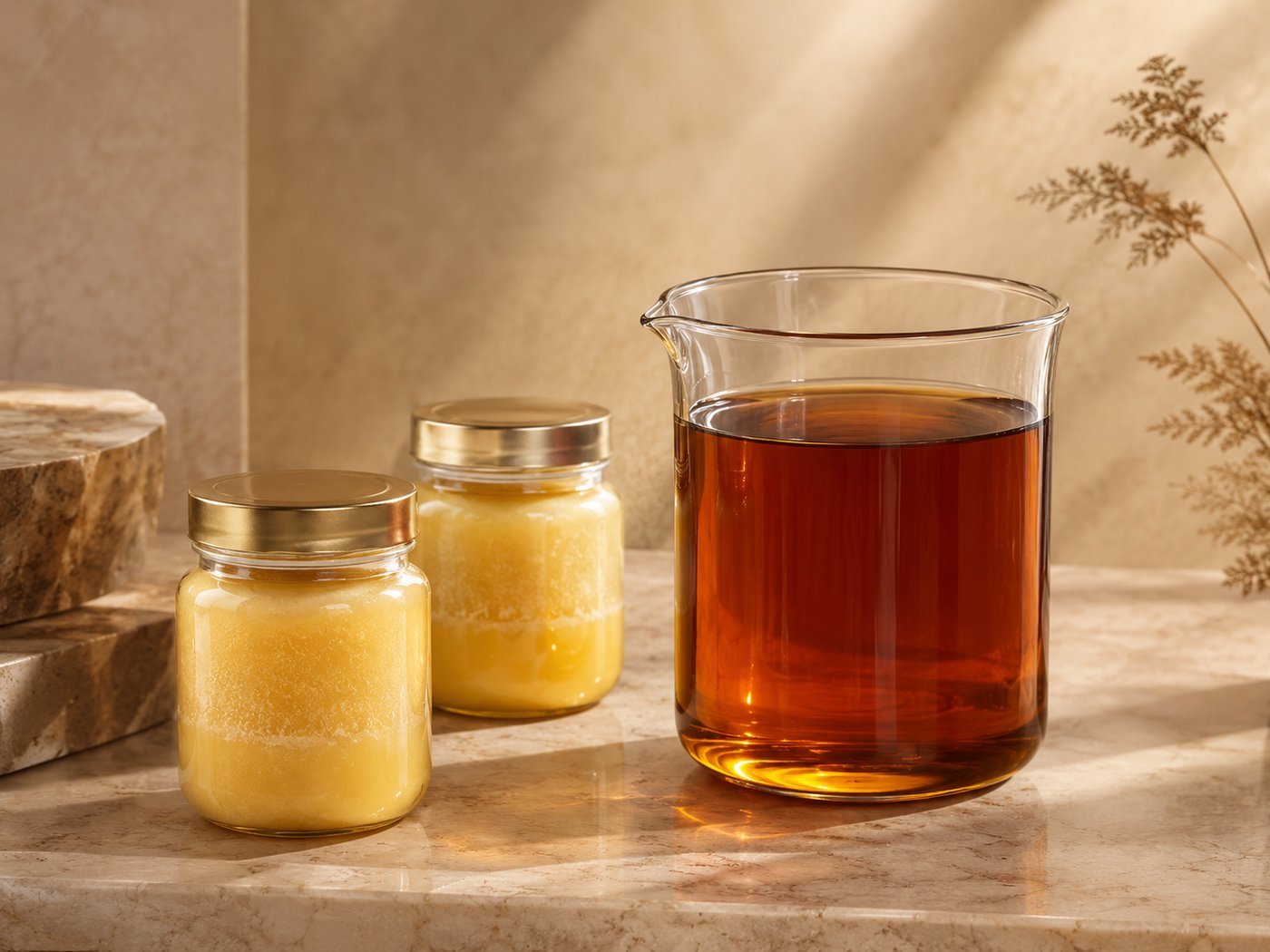 Jars of pale solid fatty distillate beside a beaker of amber liquid