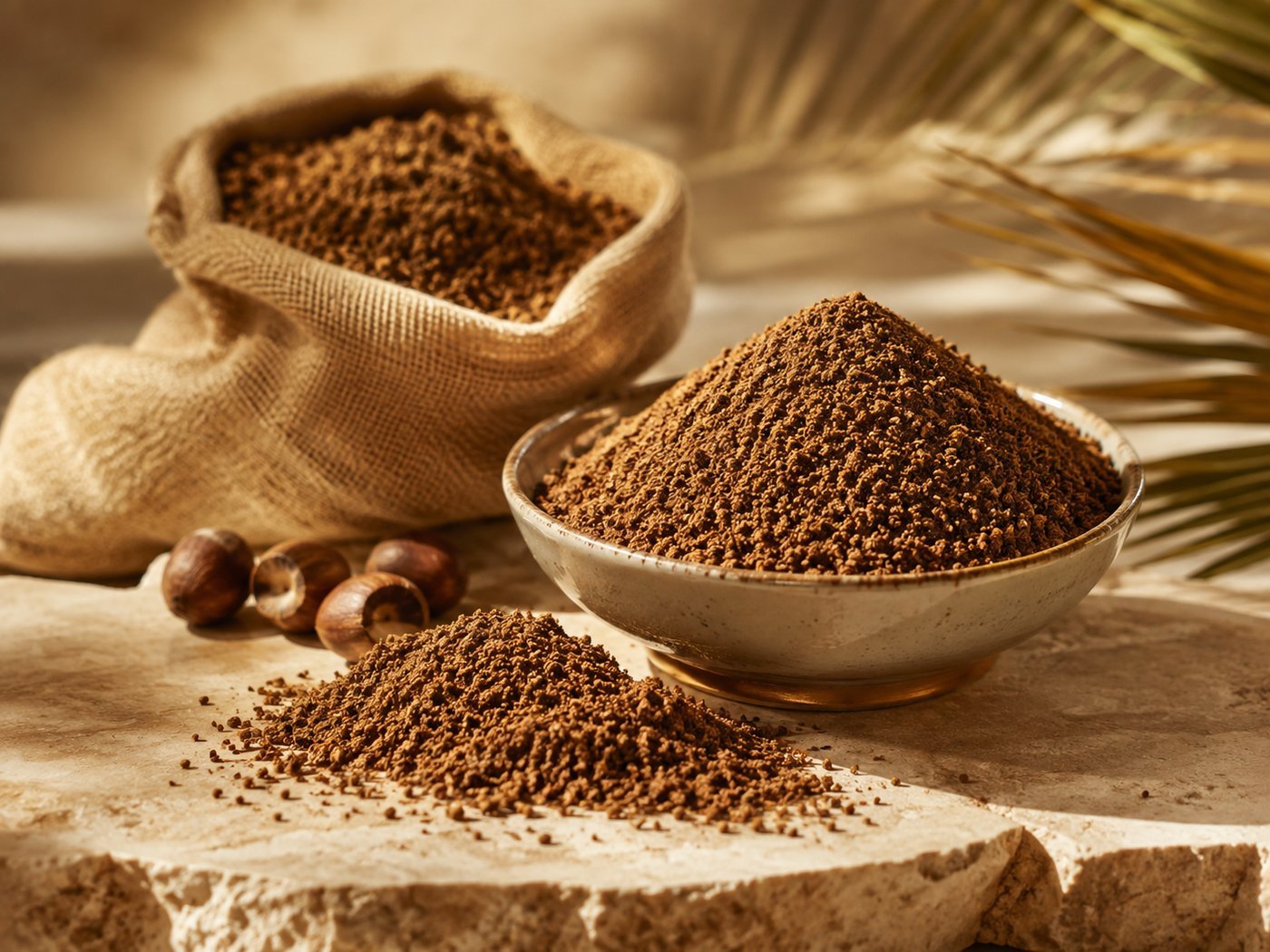 A bowl and sack of brown palm kernel expeller meal with palm kernels