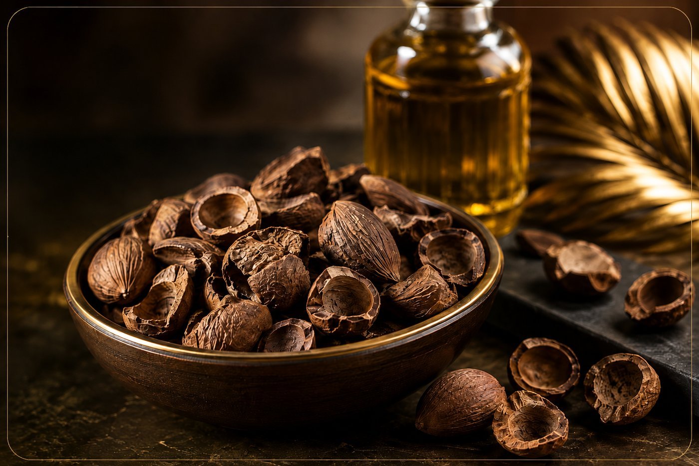 A bowl of cracked palm kernels beside a bottle of golden palm kernel oil