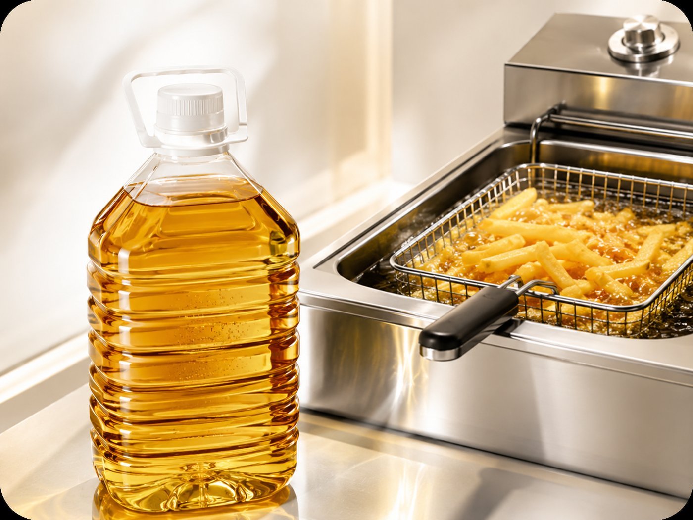 A clear jug of golden used cooking oil beside a commercial fryer