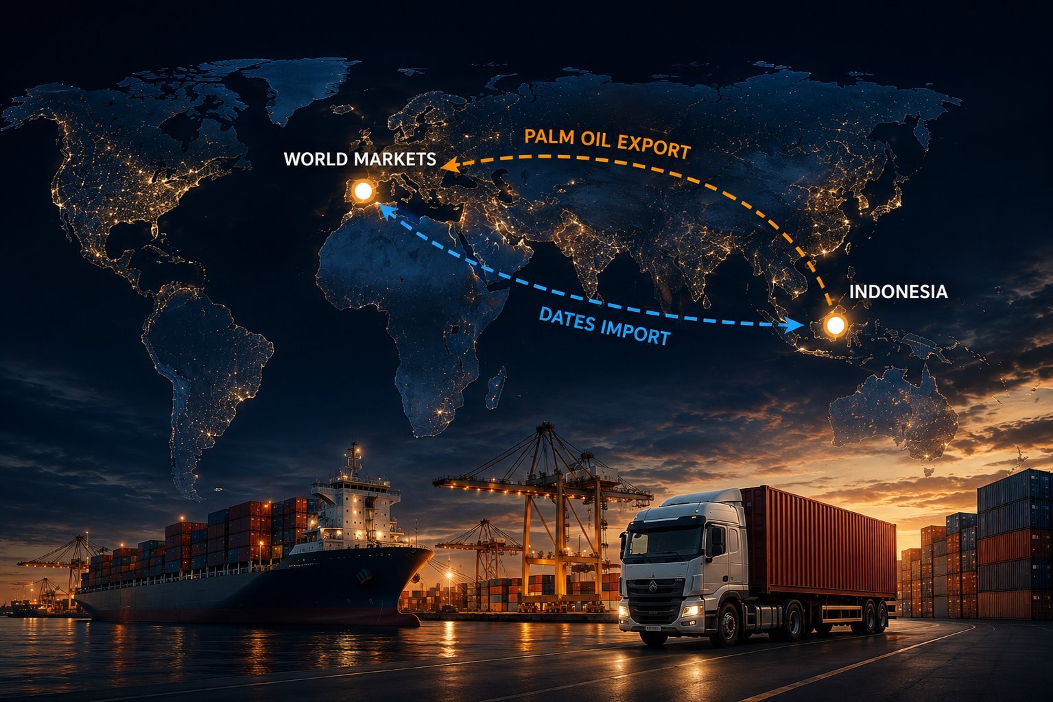 World map at night showing palm oil export and dates import routes over a container port