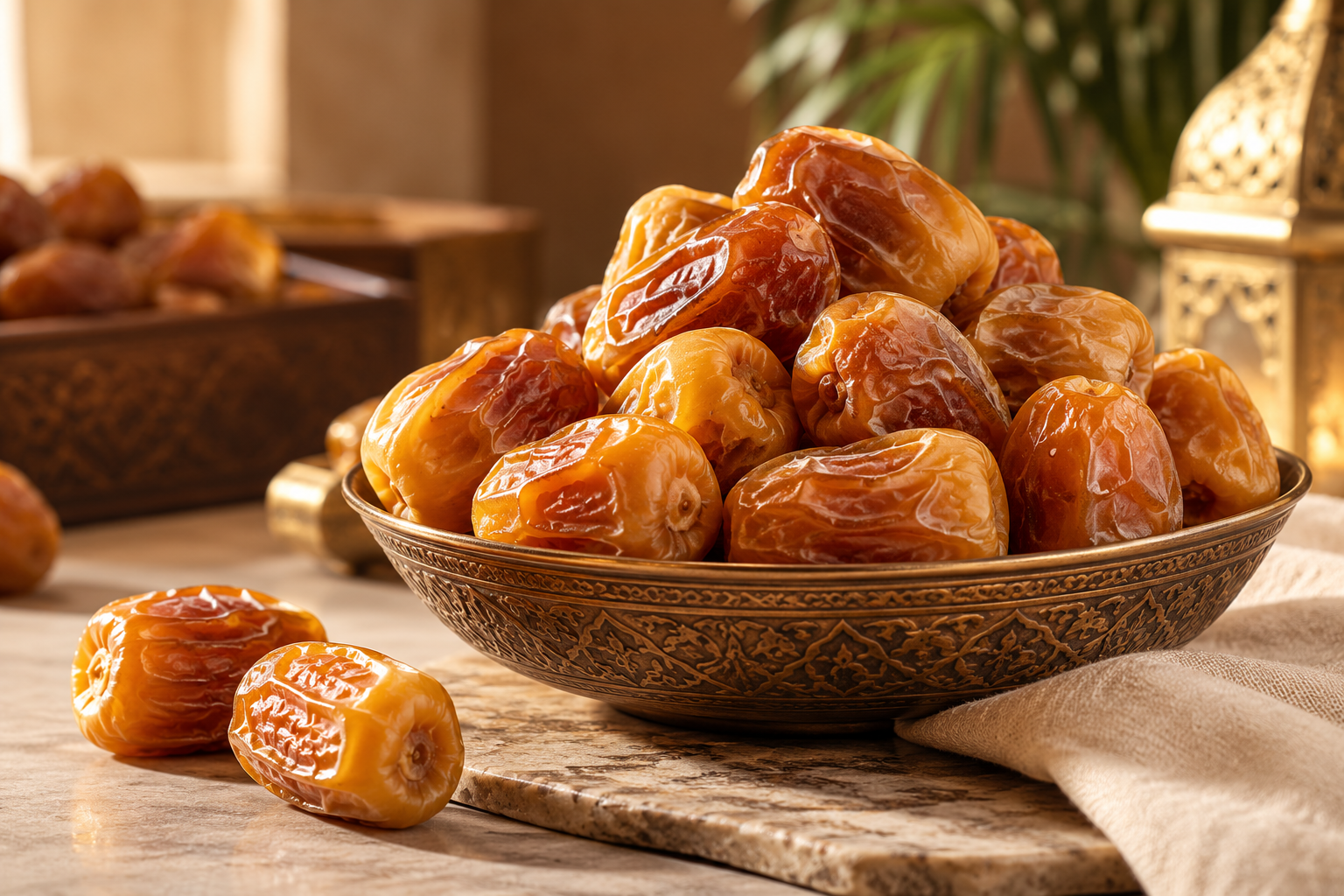 Golden Sukkari dates served in an ornate bowl